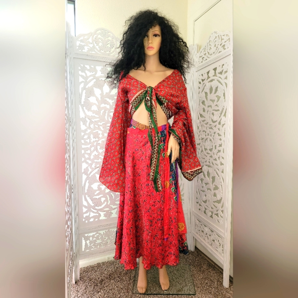 Exotic Red Multicolor Silk Reversible Maxi Skirt